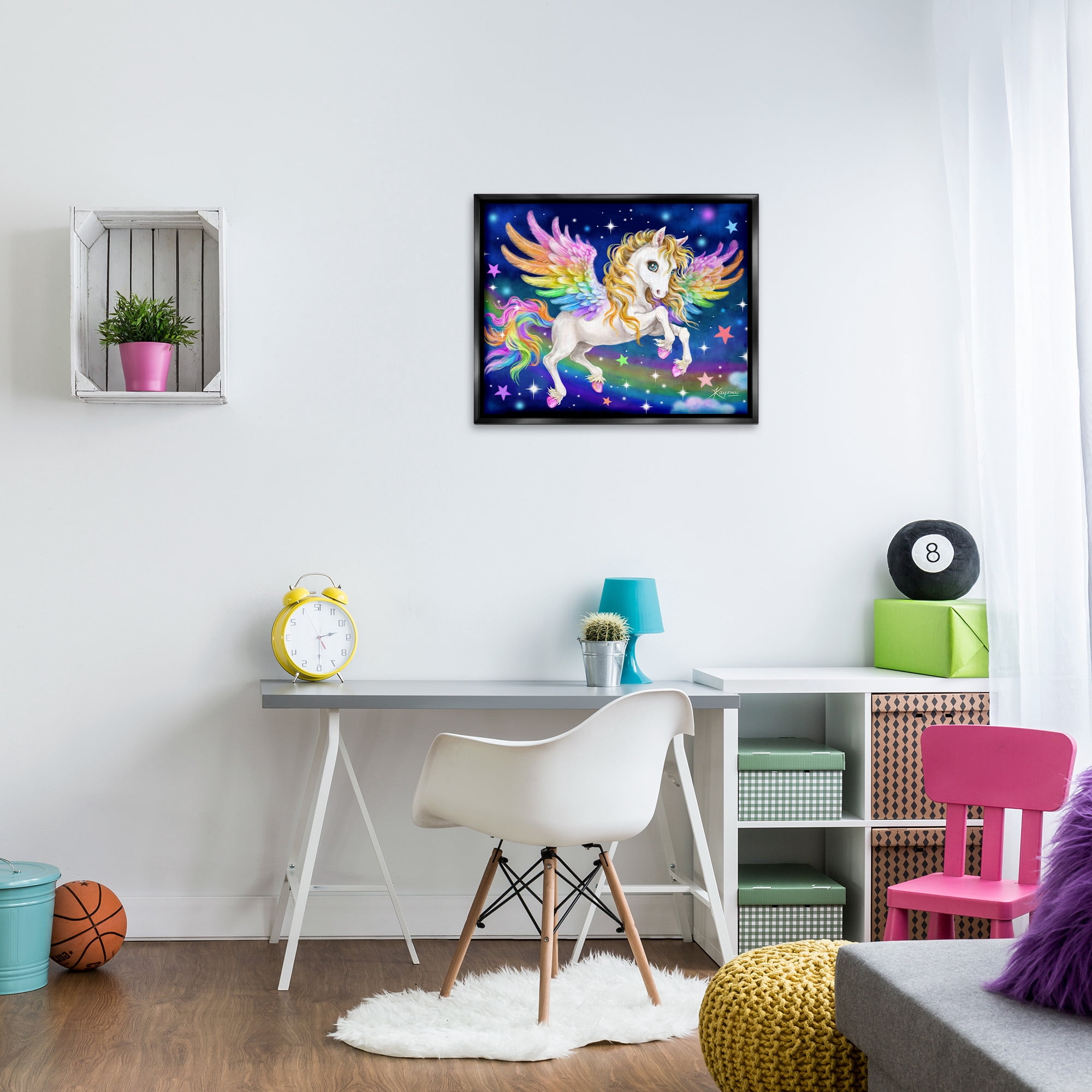 Stupell Industries Rainbow Unicorn in Space Fairy Tales & Fantasy Painting Black Floater Framed Canvas Art Print Wall Art, 31 x 25
