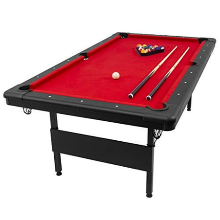 GoSports 7' Billiards Table - Portable Pool Table - Includes Full Set of Balls, 2 Cue Sticks, Chalk, and Felt Brush, Black, Red