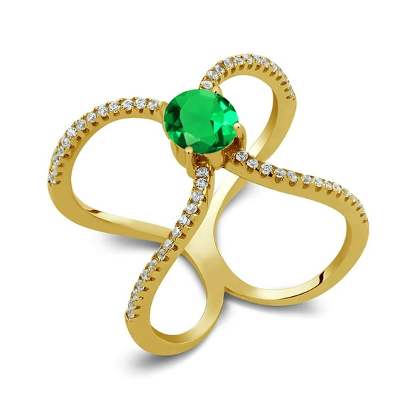 Gem Stone King 1.35 Ct Round Green Simulated Emerald 18K Yellow Gold Plated Silver Curvy Cross Ring (Size 7)