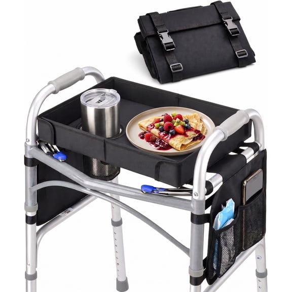 Folding Walker Tray with Cup Holder & Side Pockets, Spill-Proof Dining Tray for Rolling Walkers