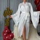 thumbnail image 3 of Gibobby Pijamas Mujer Verano Sexy Pijamas Albornoz sedoso de hielo para mujer con ribete Kimono sedoso Puños con ribete de plumas Albornoz largo con corbata(Blanco,M), 3 of 5