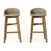 GDF Studio Beeson Outdoor Wicker and Acacia Wood 30 Inch Barstools, Set of 2, Light Multibrown and Teak