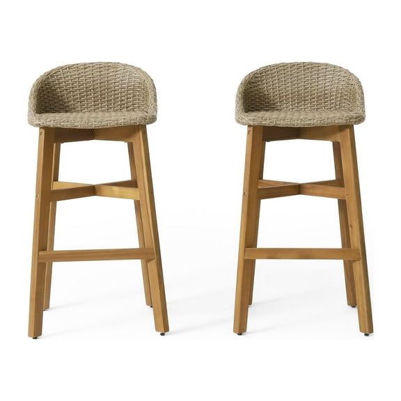 GDF Studio Beeson Outdoor Wicker and Acacia Wood 30 Inch Barstools, Set of 2, Light Multibrown and Teak