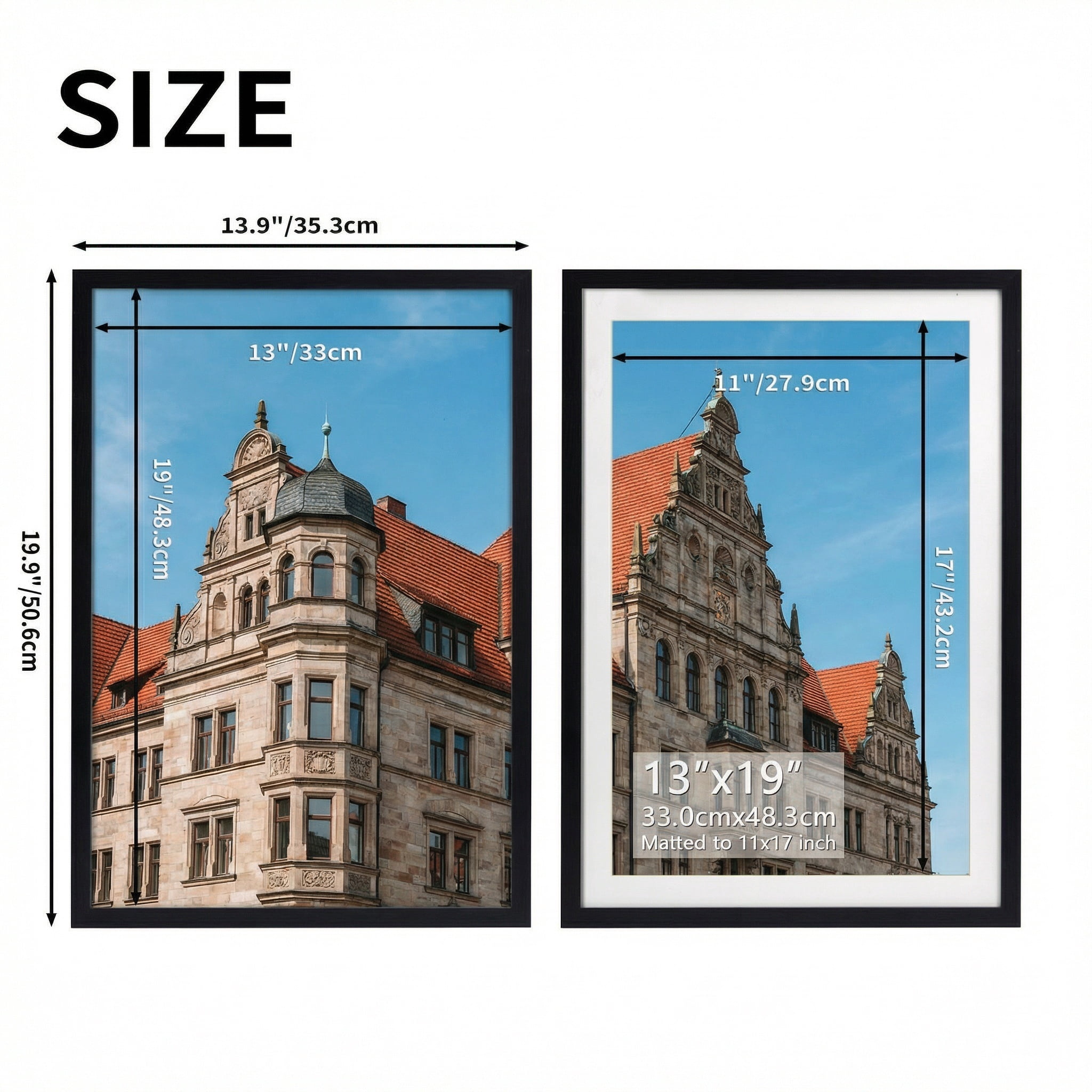 11x17 Picture Frame with Mat, 13x19 Photo Frame without Mat for Wall Mount or Tabletop, Black