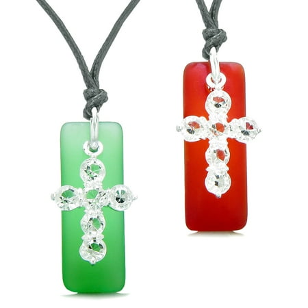 Sea Glass Royal Red and Ocean Green Tags Crystal Cross Love Couples BFF Set Protection Amulet Necklaces