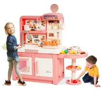 Signature Fitness 49-Piece Toddler Kitchen Playset，Pretend Food，with Stove, Sink, and Accessories, Interactive Lights & Sounds, Ideal for Ages 3 