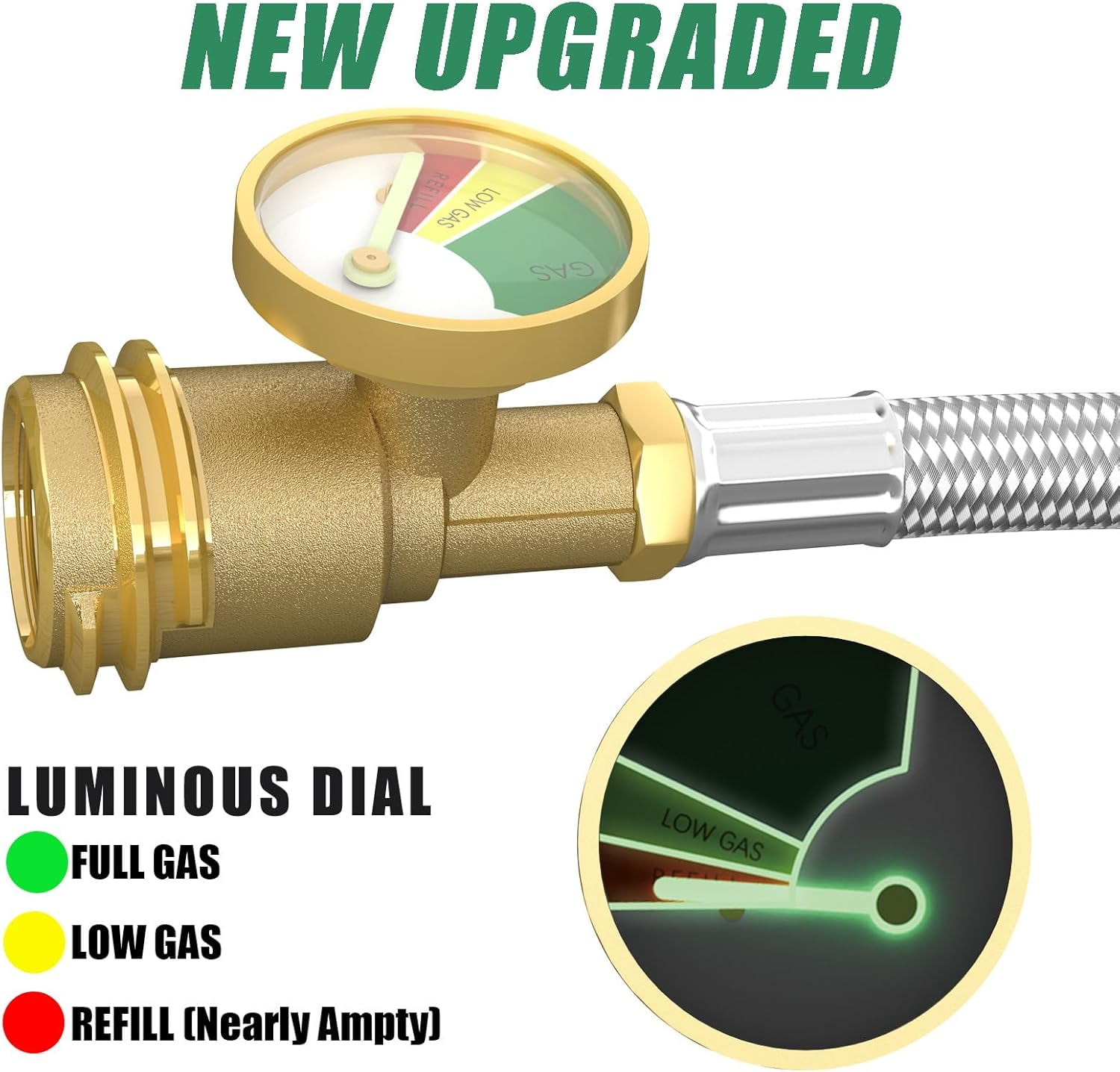 Upgraded 12 FT Propane Tank Extension Hose Braided with Gauge, QCC1/Type 1 Tank Extension Hose, Acme to Male QCC/POL Fitting, Leak Detector Replacement for Propane Tank Appliances, Gas Grill