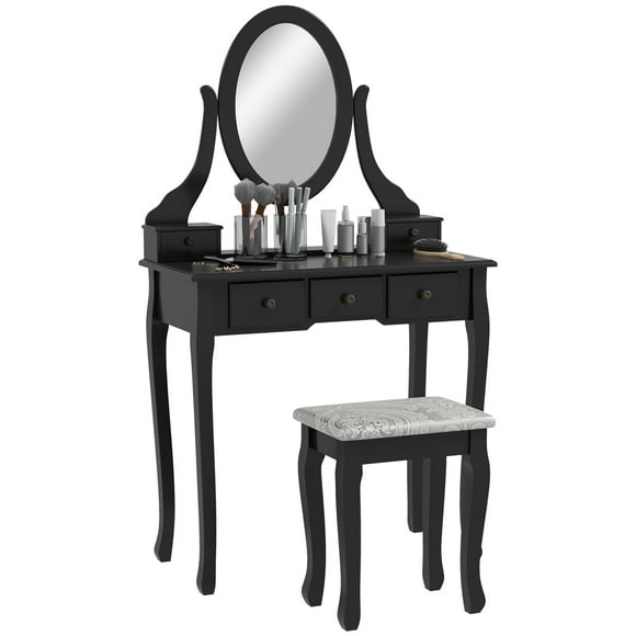 HOMCOM Ensemble de Coiffeuse en Bois, Table de Maquillage avec Miroir Rotatif à 360°