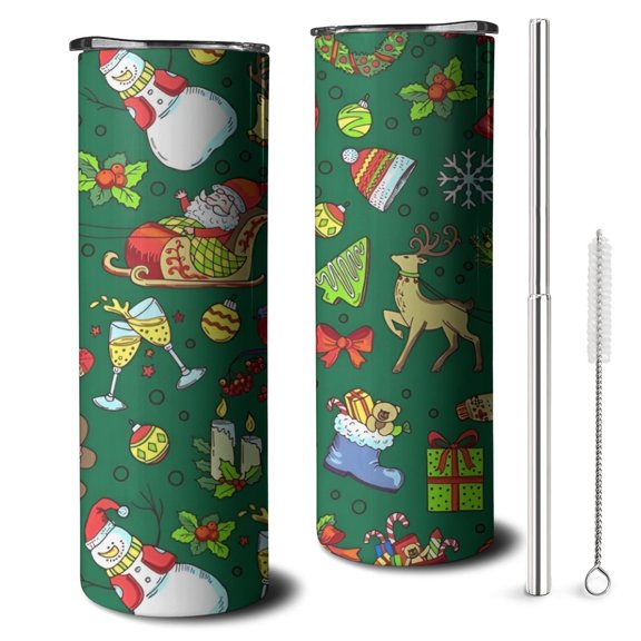 20oz Green Christmas Santa and Snowman Pattern Skinny Tumblers Stainless Steel Tumbler with Lid and Straw,Vacuum Insulated Double Wall Travel Tumbler Cups with Cleaning Brush for Coffee,Tea