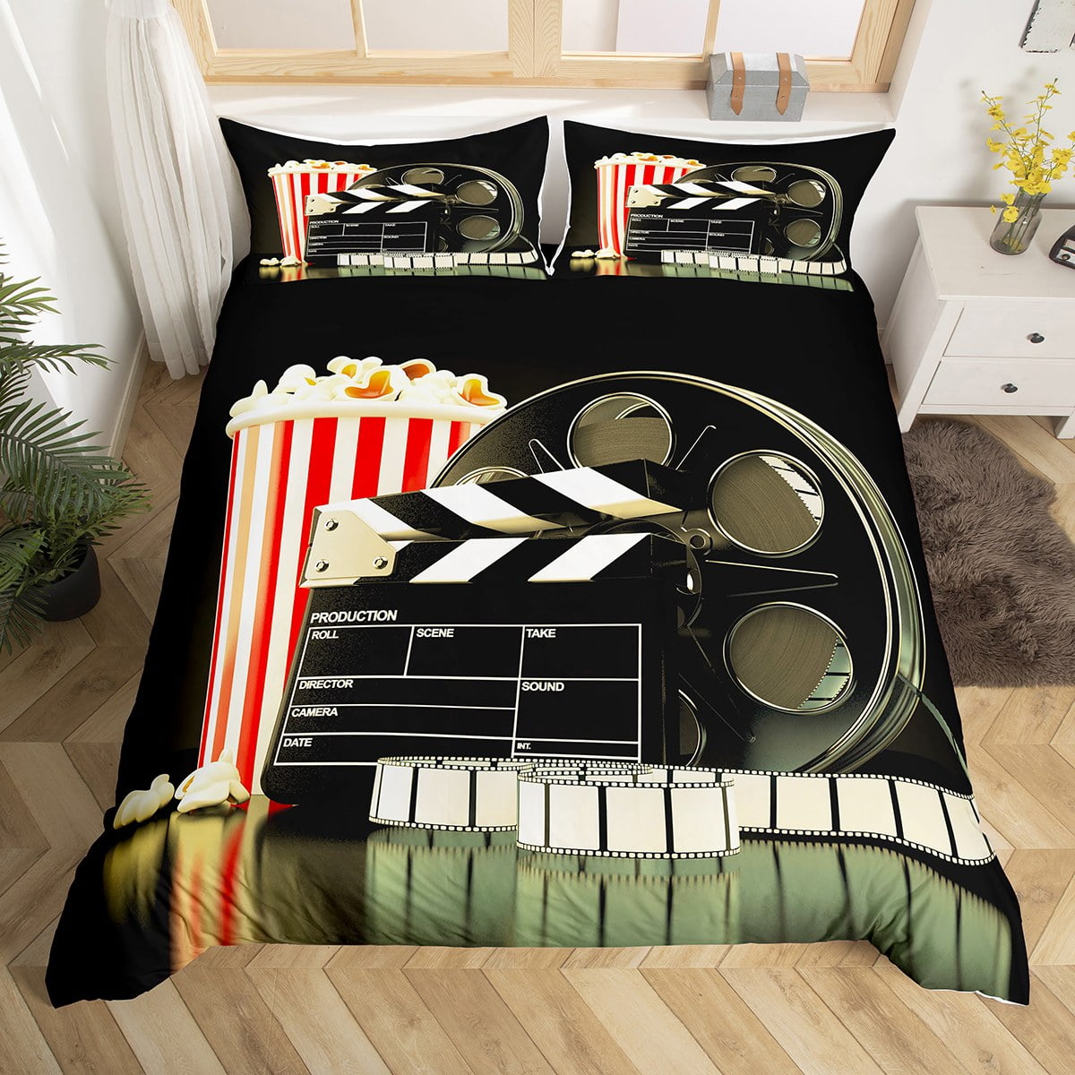 Movie Theater Bedding Sets Queen Retro Popcorn Clapper Duvet Cover for Kids Boys Girls Teens