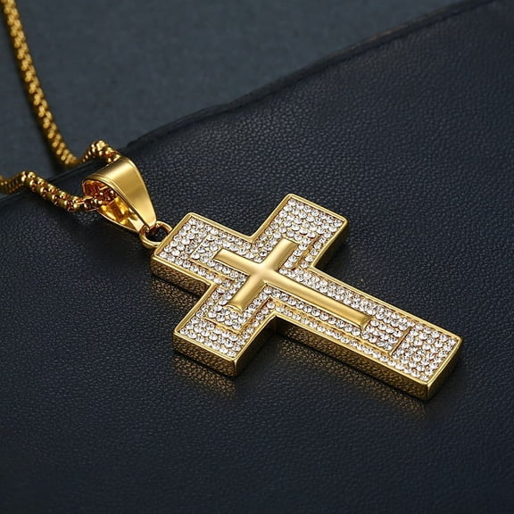 Religious Fashion Iced Out Bling Jesus Cross Pendant Male 14K Yellow Gold Christian Big Necklace For Men Jewelry Gift