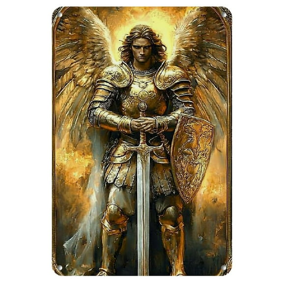 1pc, Square Iron Plate, 2D Golden Archangel Michael Theme Square Sign for Bar Restaurant Living Room Wall Decoration
