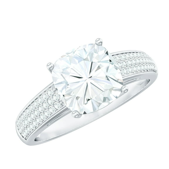 Rosec Jewels Cushion Cut Moissanite Engagement Ring with Side Stones (8 mm, 3 Carat, D-VS1 Quality Certified) - with Jewelry Box, 925 Sterling Silver, US 4.00