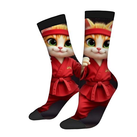 Four Seasons Universal Socks - 2 Pairs of Vibrant Mixed Color Socks with Playful Cartoon Cat in Martial Arts Outfit Unisex Trendy Design