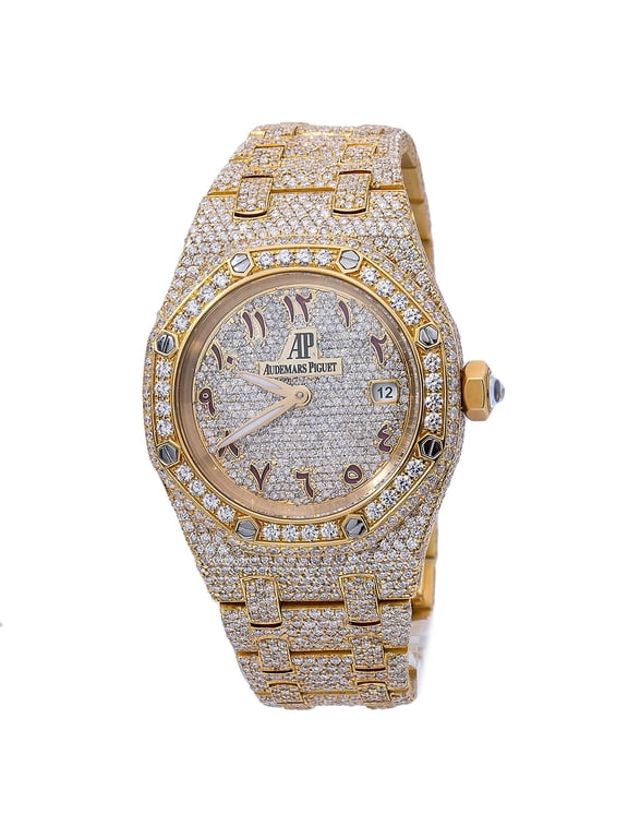 Pre-Owned Audemars Piguet Royal Oak 27MM 67076BA Diamond Paved Eastern Arabic Dial Custom Aftermarket 18K Yellow Gold Bracelet 17.95ct