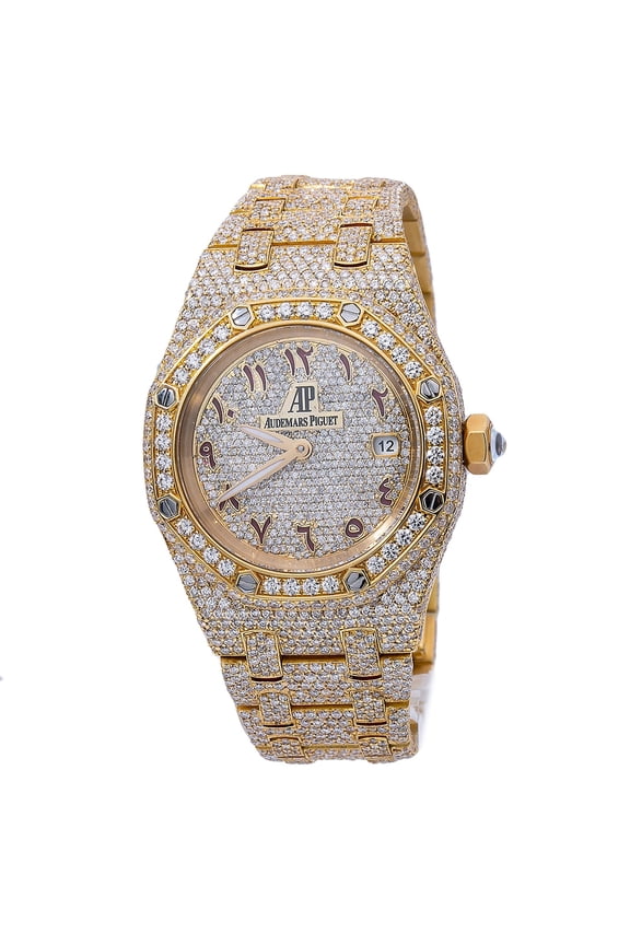 Pre-Owned Audemars Piguet Royal Oak 27MM 67076BA Diamond Paved Eastern Arabic Dial Custom Aftermarket 18K Yellow Gold Bracelet 17.95ct