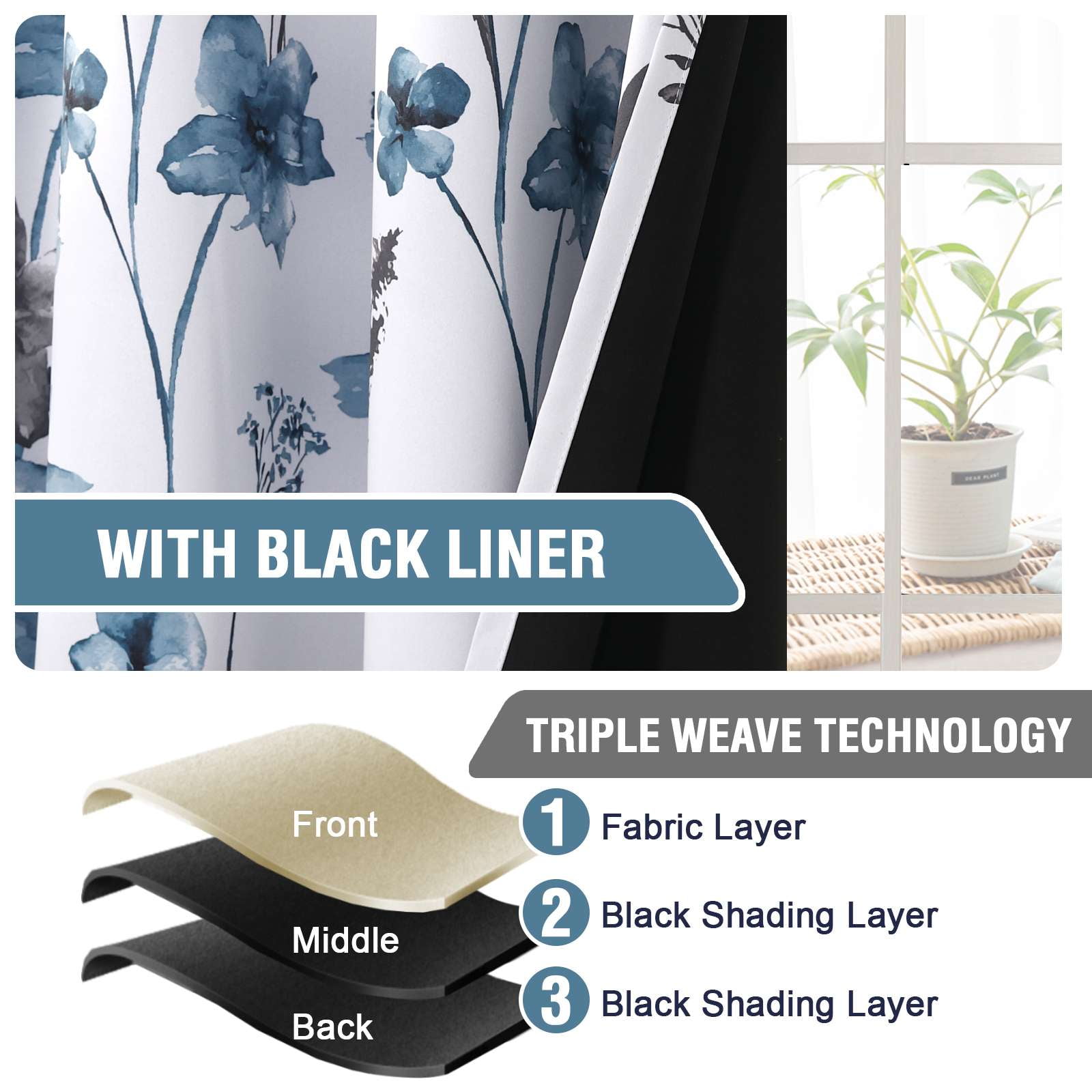 H.VERSAILTEX 100% Blackout Curtains Cattleya Floral Printed Drapes Leah Floral Thermal Bedroom Curtains for Living room with Black Liner 2 Panels,52" x 63",Grey/BLue
