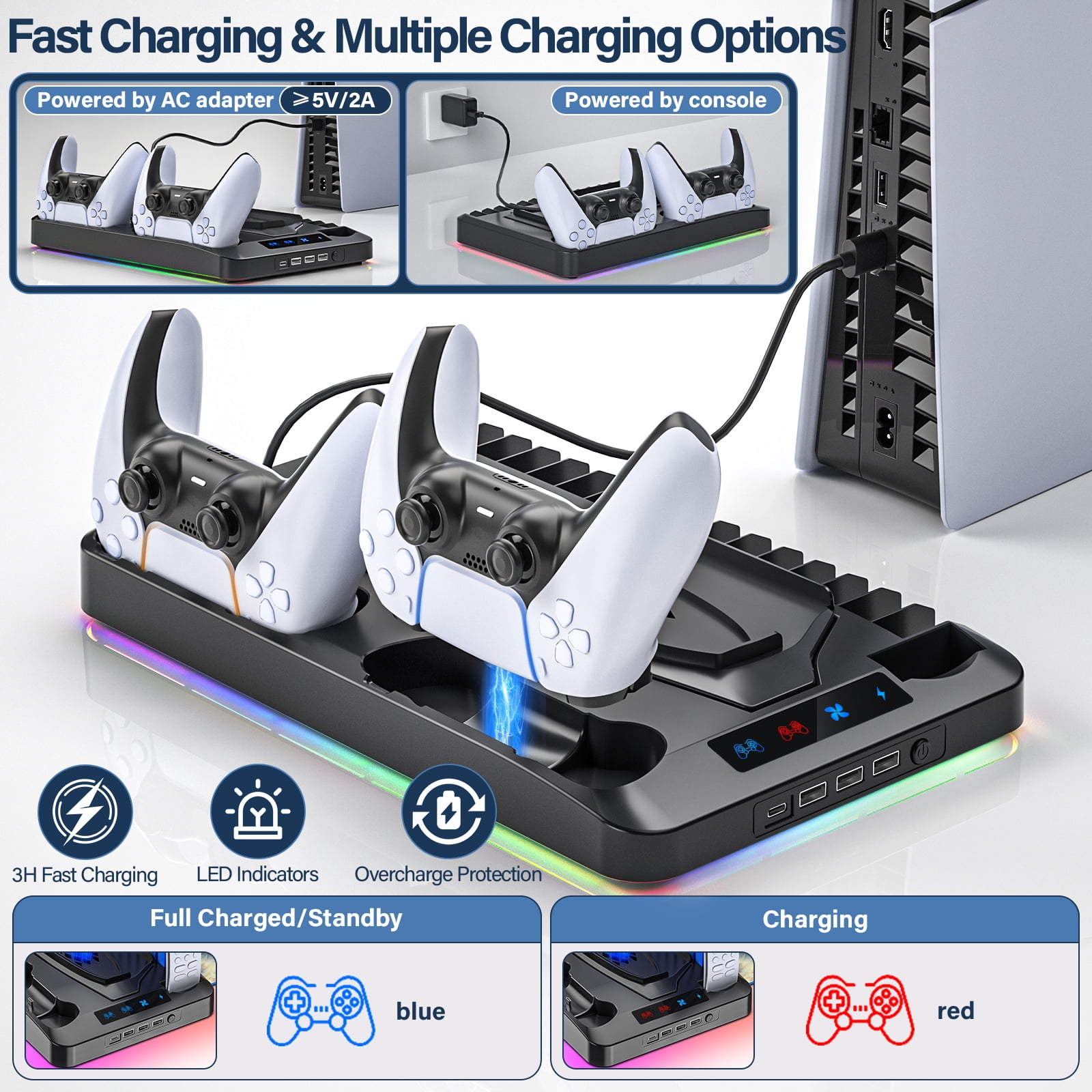 PS5 Stand with Cooling Fan,PS5/PS5 Slim Stand and Cooling Station with Dual Controller Charging Station for PlayStation 5 Console,Controller Charger, Cooling Fan, Headset Holder, 3 USB Hub, Black
