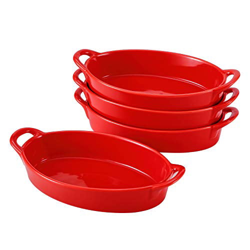 Bruntmor Porcelain Bakeware Set of 4 Oval Au Gratin Baking Lasagna Dishes Red 