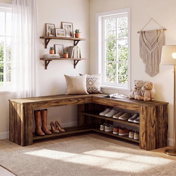 Finmind 47" L-Shaped Corner Storage Bench Entryway Shoe Bench for Entryway, Dining Room, Living Room, Rustic Brown