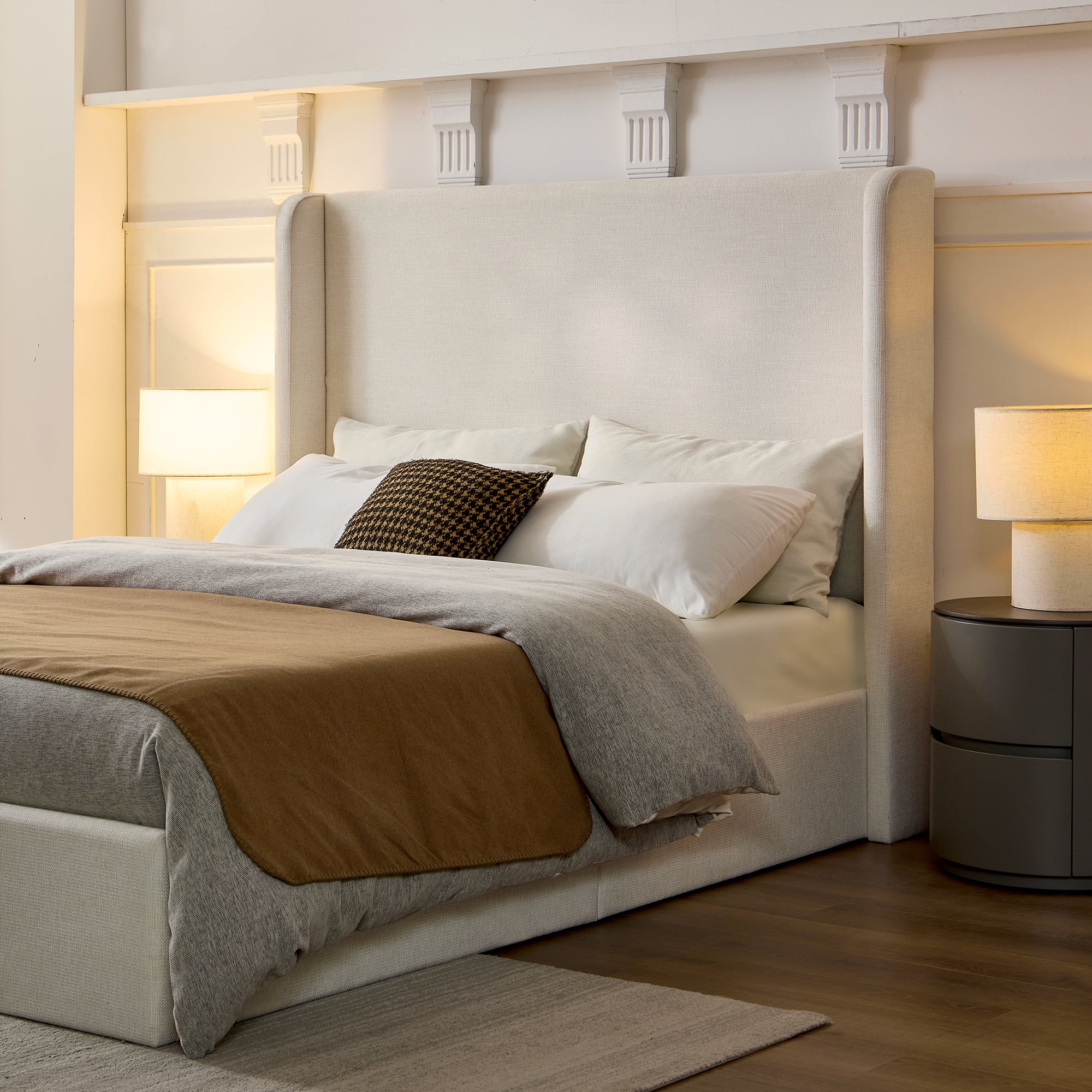 Miniyam King Size Wingback Bed with 54" High Upholstered Headboard for Adult, Ivory