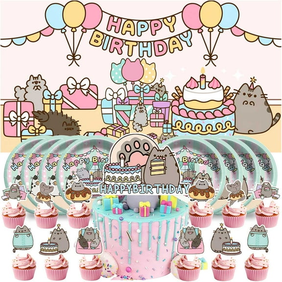 Pushee Cartoon Cat Plates Birthday Supplies Decorations Decor Backdrop Banner Cake Topper Fans