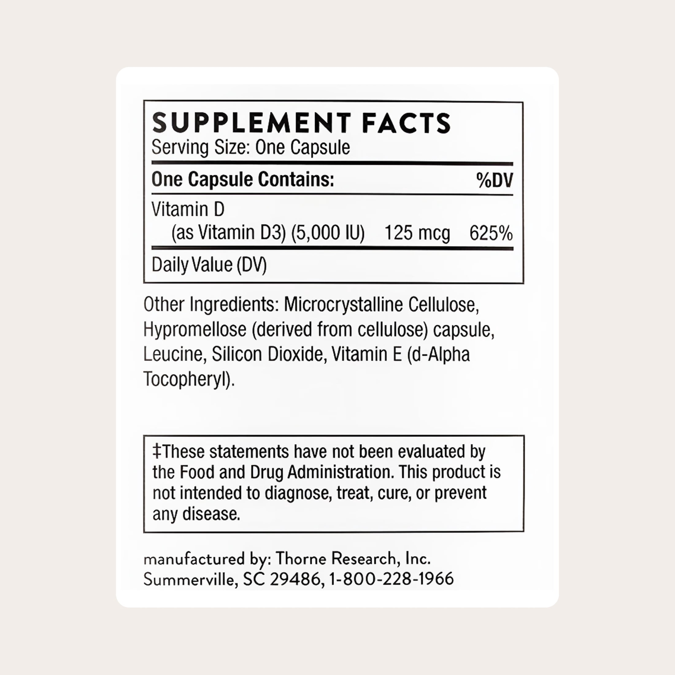 THORNE Vitamin D-5000 - Vitamin D3 Supplement - 5,000 IU - Support Healthy Bones, Teeth, Muscles, Cardiovascular, and Immune Function - NSF Certified for Sport - Dairy-Free, Soy-Free - 180 Capsules