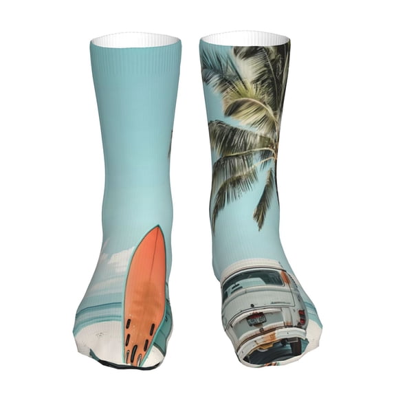 KLL Vintage Surf Van Beach Print Womens Crew Socks Athletic Middle Tube Long Socks Novelty Socks Gifts For Men