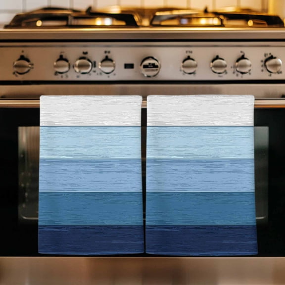 Blue Ombre Kitchen Towels Set of 2, Farmhouse Vintage Wooden Striped Absorbent Dish Towels for Kitchen, Microfiber Hand Towel, Quick Drying Tea Towel for Cleaning Decorative Dishcloths
