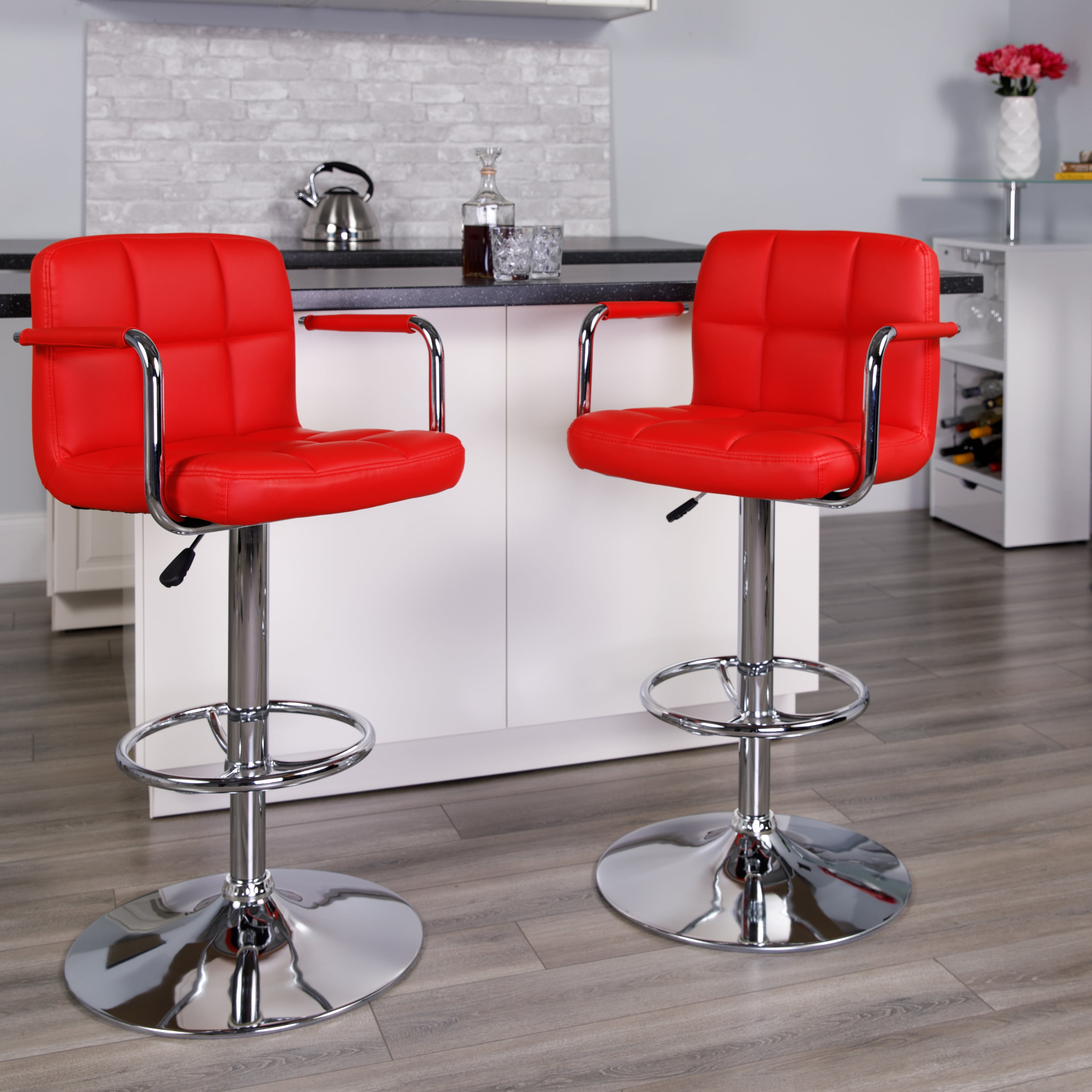 Black Quilted Vinyl Adjustable Height Bar Stool with Arms & Chrome Base 