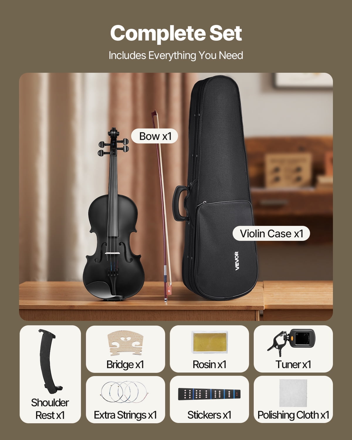 VEVOR Violin 4/4 Full Size for Adults, Violin Fiddle Set for Beginners Student with Hard Case, Rosin, Bow, Shoulder Rest, Bridge, Tuner and Extra Strings, Professional Solidwood Instruments (Black)