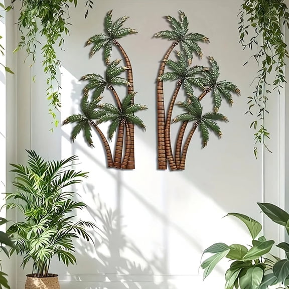 Metal Art Wall Decor Palm Tree Wall Art 2 Pack Tropical Coastal Rustic Metal Wall Decor for Living Room Home Wall Hanging Decor Beach Art Wall Decor for Indoor and Outdoor Display