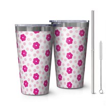 16oz Tumblers Pink Daisy Flower Polka Dots Pattern Stainless Steel Vacuum Insulated Double Wall Travel Tumbler Cups Mug with Lid and Straw,Cleaning Brush for Coffee,Tea