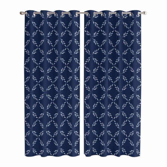 Navy Blue Kitchen Curtains 96 Inch Length, Geometric Leaf Diamond Plaid Abstract Check Grommet Top Bedroom Living Room Curtains, Light Filtering Cafe Curtain Drapes 2 Panels Set 104''x96''