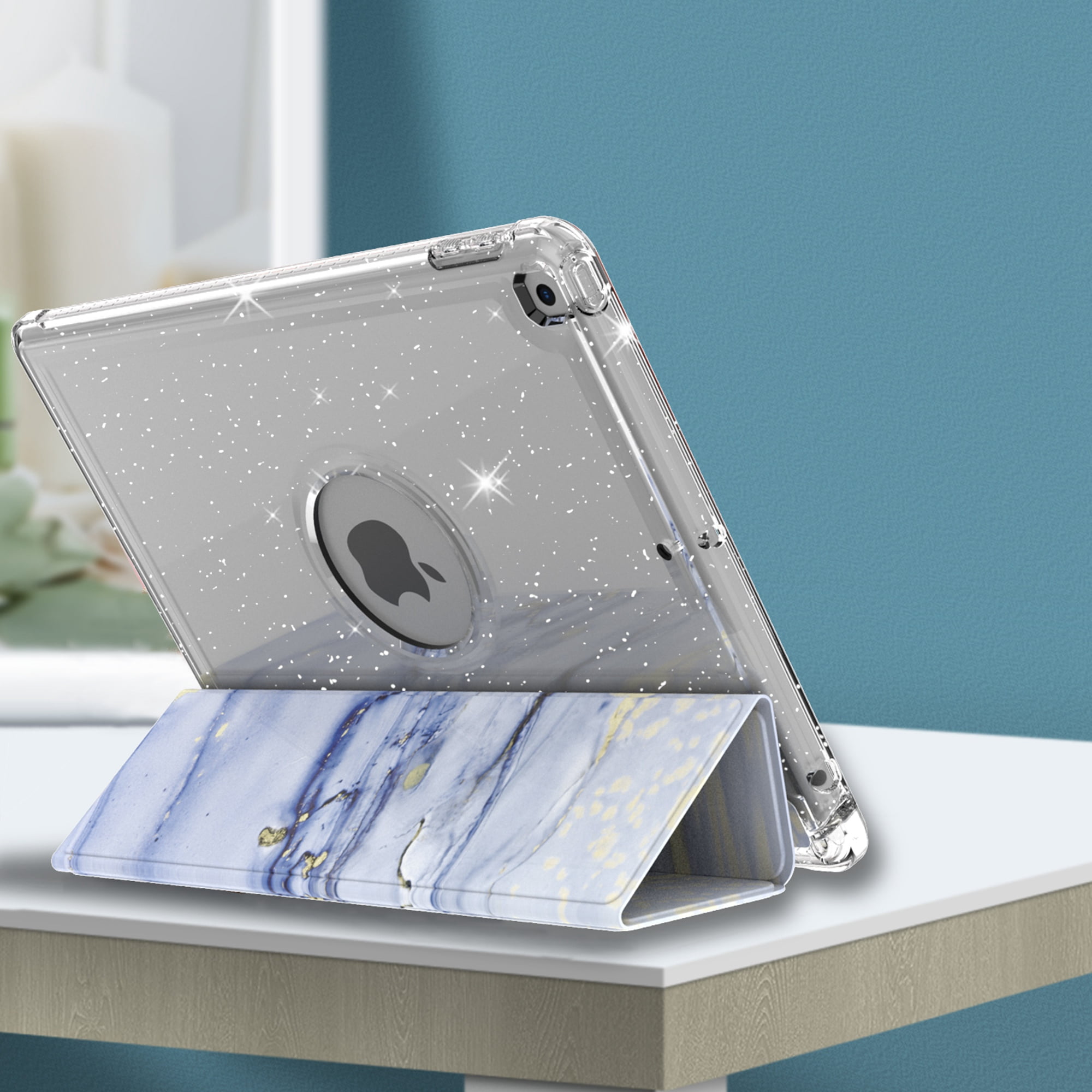 Dteck Compatible with iPad 8th Generation / iPad 7th Generation Case, iPad 10.2 Inch Cases with Pencil Holder, Flip Smart Case Trifold Stand Glitter Clear Back Cover,06 Blue Marble