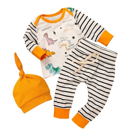 

AIMAOMI Baby Boy Dinosaur T shirt Tops Striped Pants Hat Outfits Set H