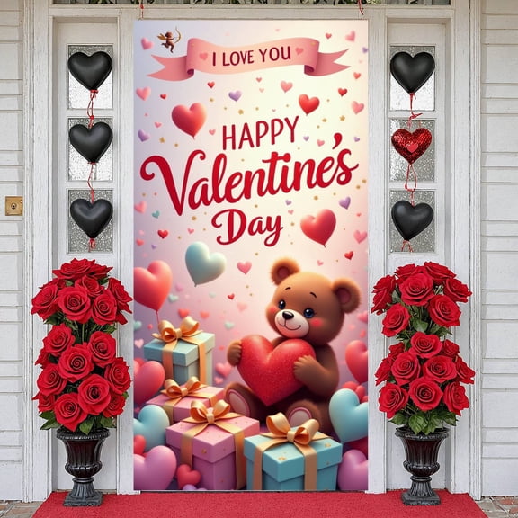 Heart-shaped Valentine's Day Banner Teddy Bear Design Love Display Pink  Gift Box Pattern Happy Valentine Backdrop for Valentine's Day Party Romantic Date Anniversary Celebration