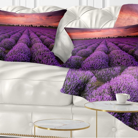 Designart Red Sunset Over Lavender Field - Landscape Printed Throw Pillow - 12x20
