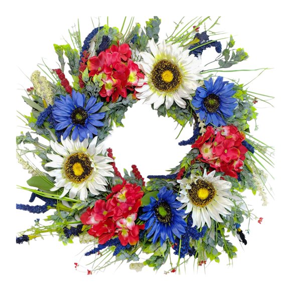 Couronne de Drapeaux Couronne Patriotique : Couronne de Tournesol Artificielle du 4 Juillet, Décoration d'Hortensia Rouge Blanc et Bleu pour Jour de l'Indépendance, Jour du Souvenir, et Jour du Drapeau Couronne d'Aigle Harlik