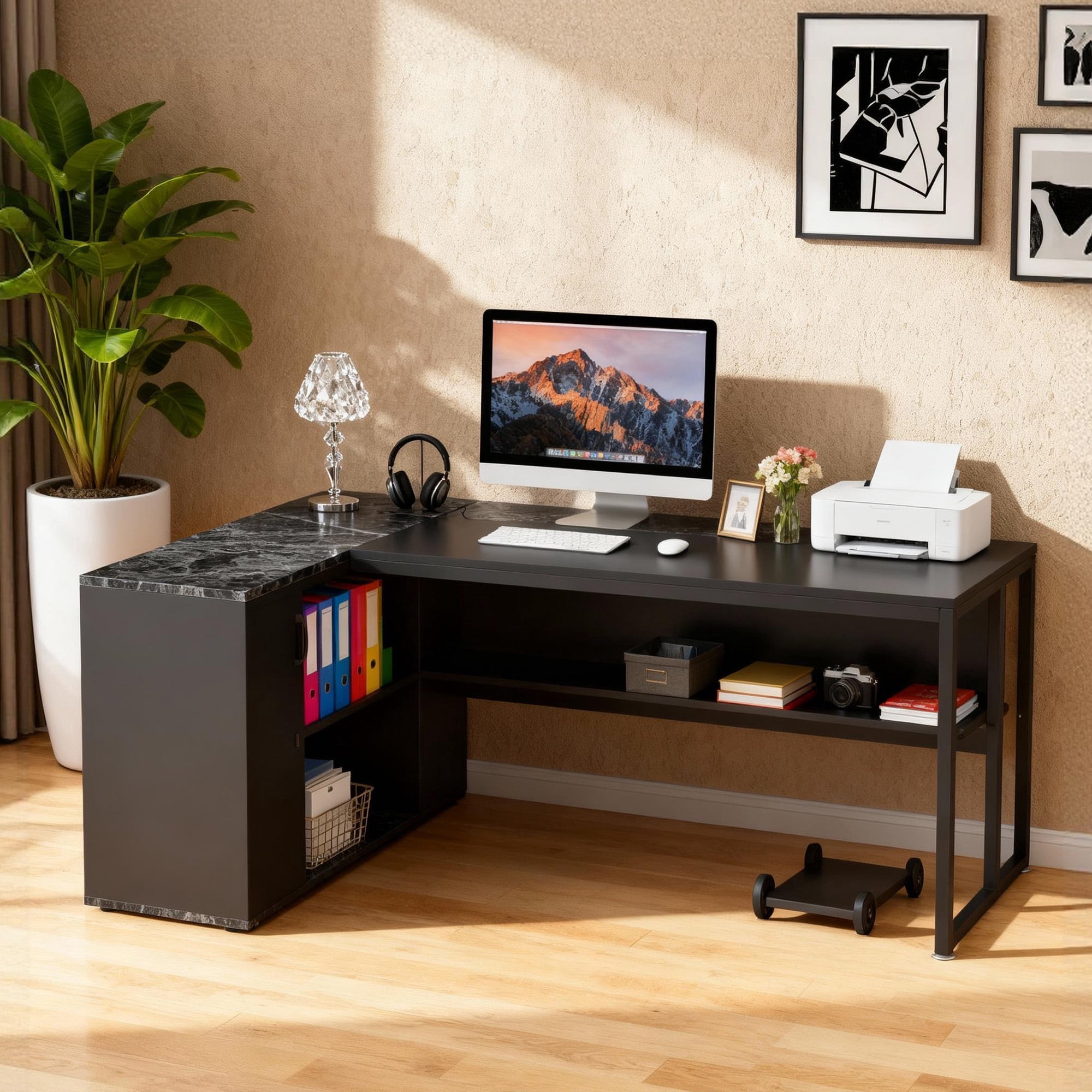KIOOTTO 71" L-Shaped Executive Desk with Storage Cabinet, Printer Stand and CPU Stand, Black Corner Computer Desk