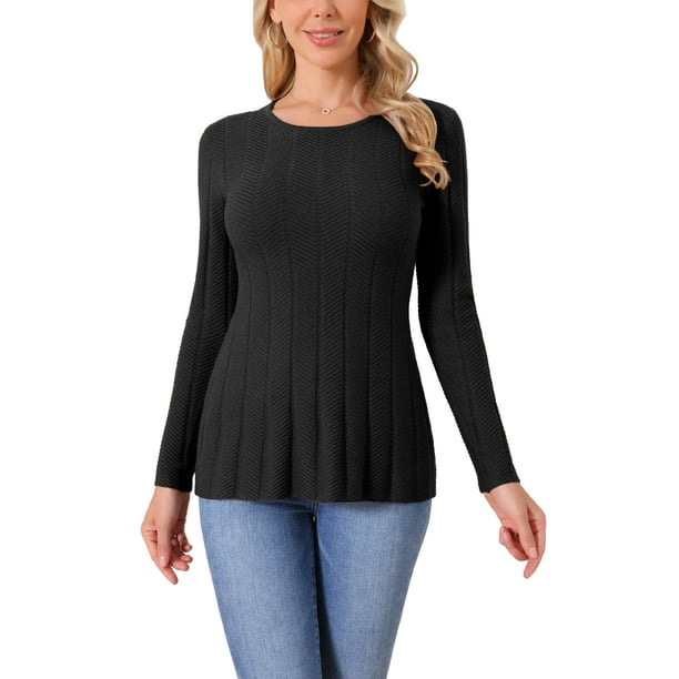 Suéteres de manga larga para mujer INSPIRE CHIC, cuello redondo, tops de punto elástico, camisa casual de otoño e invierno, color negro
