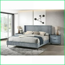 Bedroom Furniture Set: King Wingback Bed with 2 Nightstands Blue Corduroy Upholstery | Wingback Beds | Blue