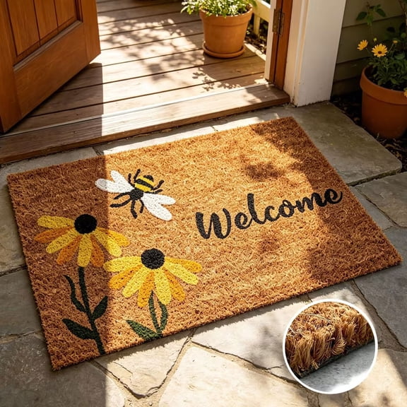 Surpdew Summer Coir Door Mat, Bee & Floral Welcome Mat with Non-Slip Rubber Backing, Low Pile Front Door Mats for Outside Entrance, Natural Entry Mats Coconut Fiber Surface for Porch