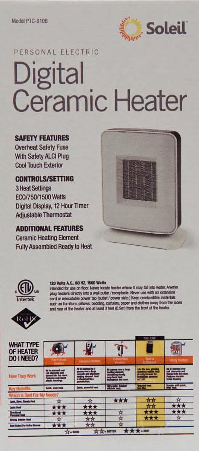 Soleil Digital Electric Portable Ceramic Space Heater, PTC-910B -  Walmart.com