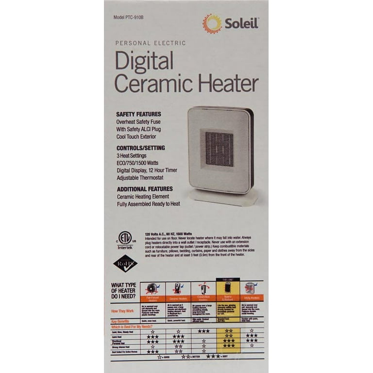 Soleil Digital Electric Portable Ceramic Space Heater, PTC-910B -  Walmart.com