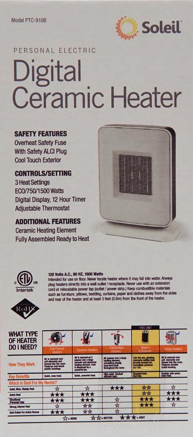 Soleil Digital Electric Portable Ceramic Space Heater, PTC-910B - image 4 of 5