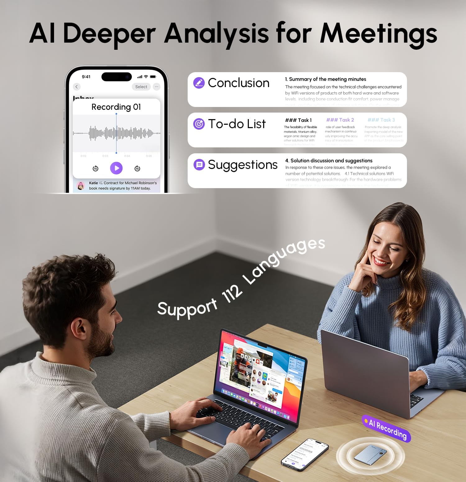 AI Voice Recorder & Transcriber with GPT-5 Analysis – 30-Hour Recording, 112-Language Speech-to-Text & Auto Summary for Meetings, Lectures & Interviews,Grey