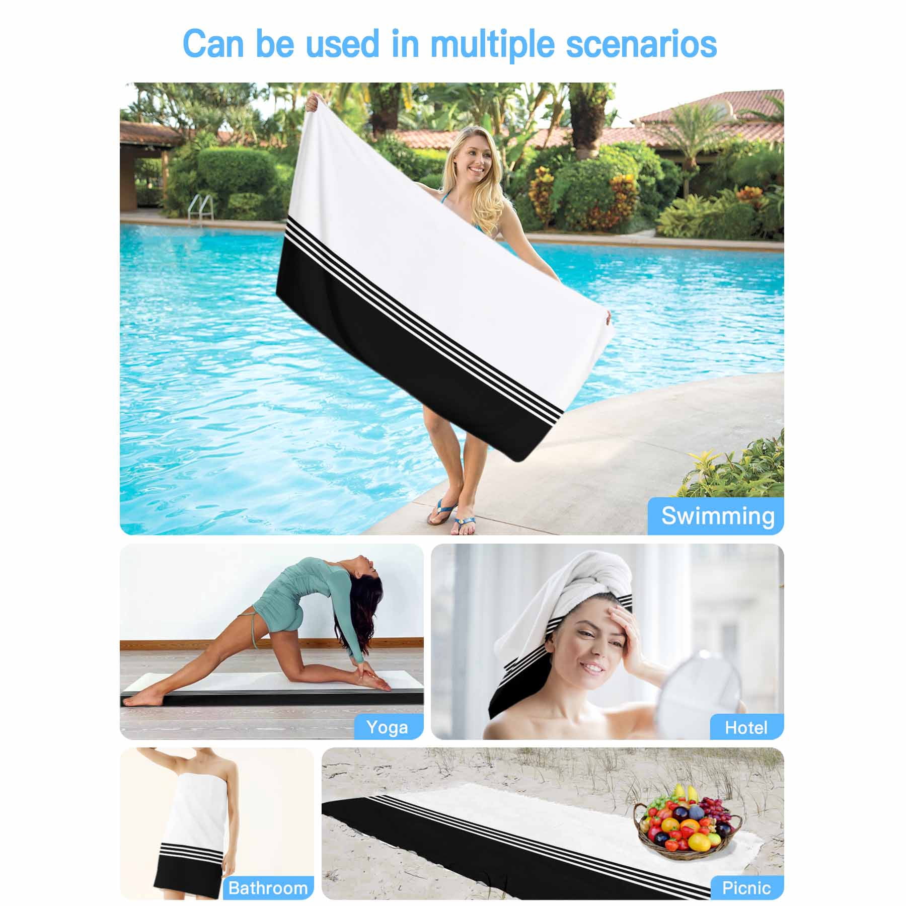 Beach Towel Black White Stripes Bath Pool Towels Minimalist Absorbent Beach Towel Soft Large Quick Dry Lightweight Camping Travel Sports Yoga Gym Swim Towels for Adult 35x70 Inch