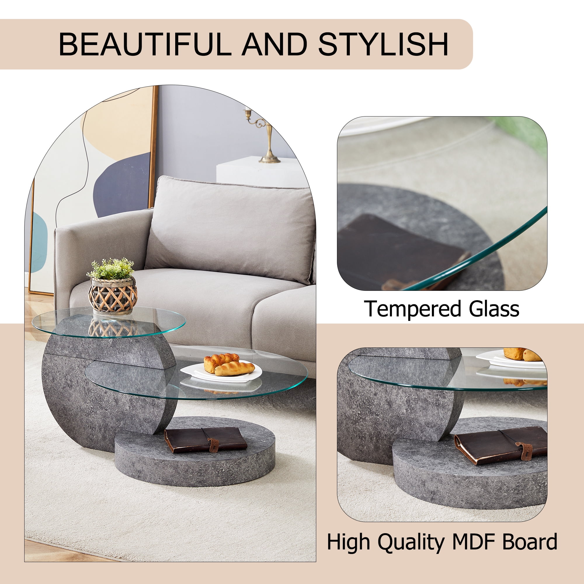 JUFU 35.4" Glass Coffee Table, Modern Round Coffee Table with MDF double-layer Gray Stone Texture Base, 2-Tier Tempered Glass Top, Easy to Assemble, Ideal for Living Room, Small Space, Home Office