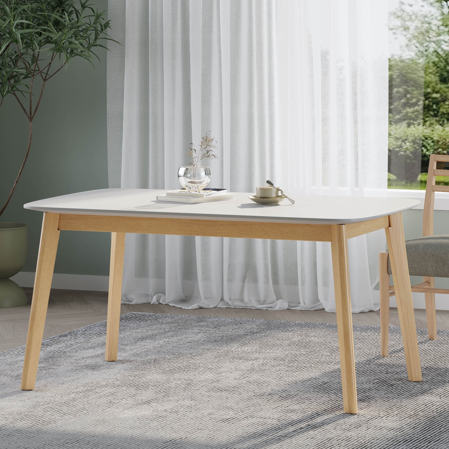 Lisonu 59-inch Mid-Century Modern Dining Table, Kitchen Table with Splayed Rubberwood Legs and Faux Wood Top, Rectangular Table for Dining Room, Natural and White